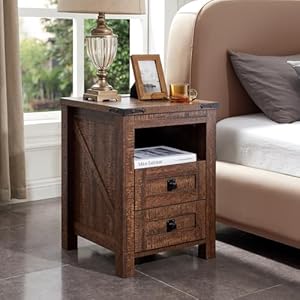 T4tream nightstand wtih charging station end table side table with 2 drawers storage cabinet for bedroom living room farmhouse design wood rustic reclaimed barnwood  urban country home decor