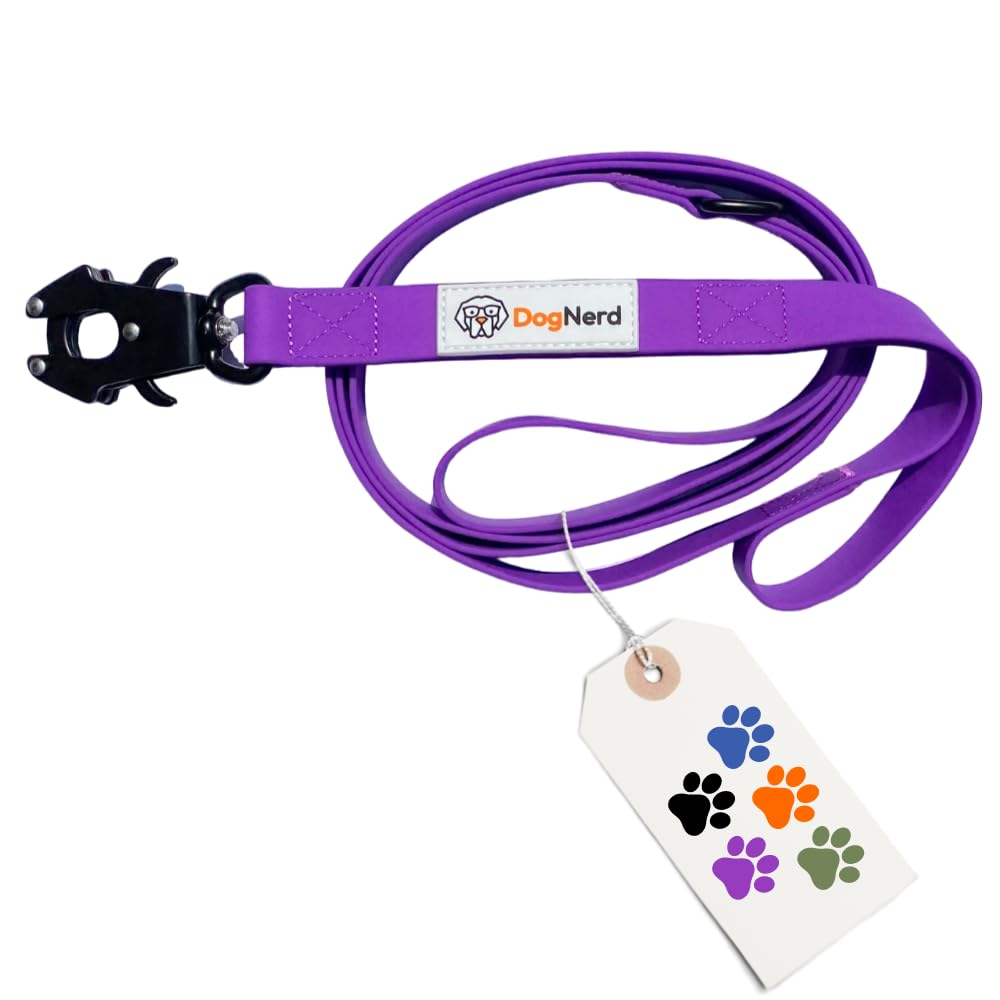 DogNerd 6ft Purple Dual Handle Silicone Tactical Dog Leash for Medium, Large, Giant Breeds | Quick Release Carabiner | Coated Nylon Heavy Duty |
