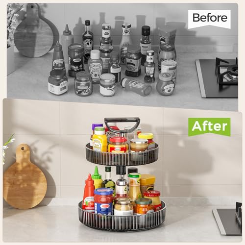 Image of Lazy Susan Organizer - 2 Tier Rotating Spice Rack Turntable, 11.4 inch Plastic Spinning Organizer for Kitchen Cabinet Pantry Countertop Cupboard Bathroom Storage