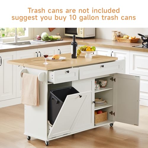 60" Kitchen Island with Power Outlet & Drop Leaf, Kitchen Rolling Island with Spice Rack & Towel Rack, Knife Holder, Kitchen Island Cart with Trash Storage Cabinet, Mobile Island Table for Kitchen