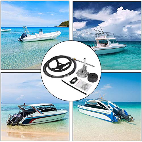 Outboard Steering System,Marine Turbine Rotary Steering System Outboard Boat Steering Kit With 13.5" Steering Wheel And Steering Cable Rotary Helm 3/4" Tapered Shaft 90° Bezel Fixing Kits (12Ft) #TOP1