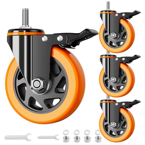 Stem Caster Wheels 4 Inch Heavy Duty Threaded Stem Casters UNC 3/8\"-16 x 1 Swivel Casters Set of 4 with Safety Dual Locking Wheel for Furniture and Cart