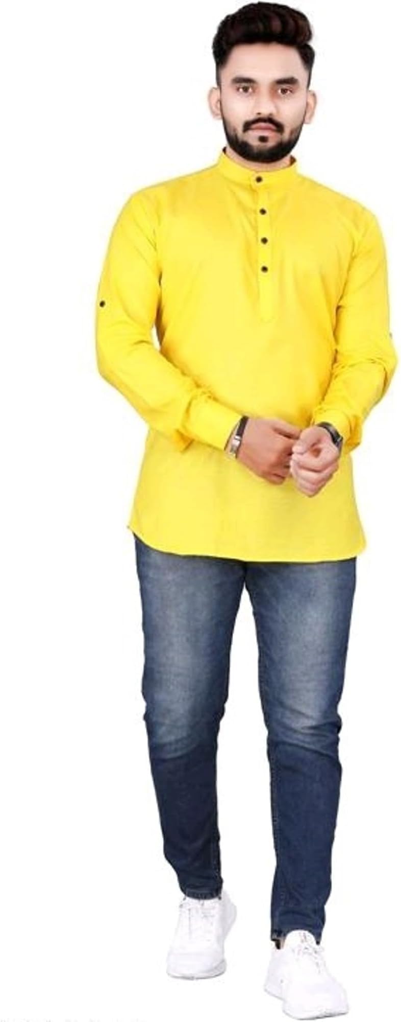 S KUADAMen's Cotton Full Sleeve Mandarin Collar Comfortable Ethinic Wear Half Kurta (S_A_G_030524)