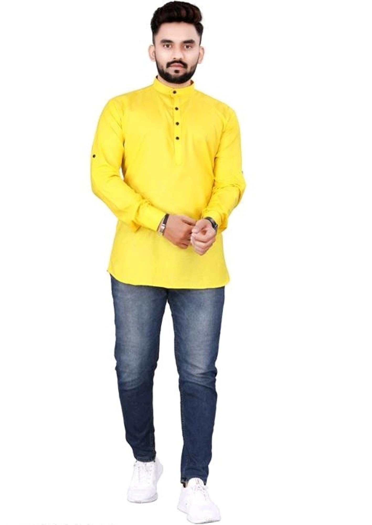 S KUADAMen's Cotton Full Sleeve Mandarin Collar Comfortable Ethinic Wear Half Kurta (S_A_G_030524)