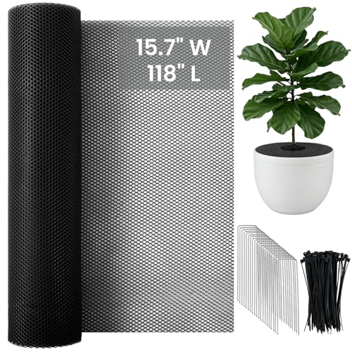 NRWRTY Plant Pot Grid Set 15.7 W x 118 L Indoor Plant Protector from Cats Pot Soil Cover Protector from Animals with Stakes & Zip Ties for Garden Balcony Fits Different Pot Sizes(Black)