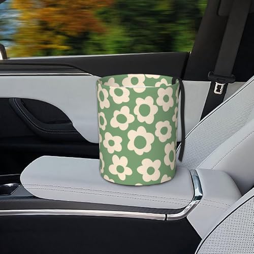 Image of Car Trash Bag Vintage Green Groovy Flowers Waterproof Trash Small Car Can Portable Collapsible Car Garbage Can Hanging for Back Seat Floor or Hanging Headrest Car Decor Road Trip Essentials