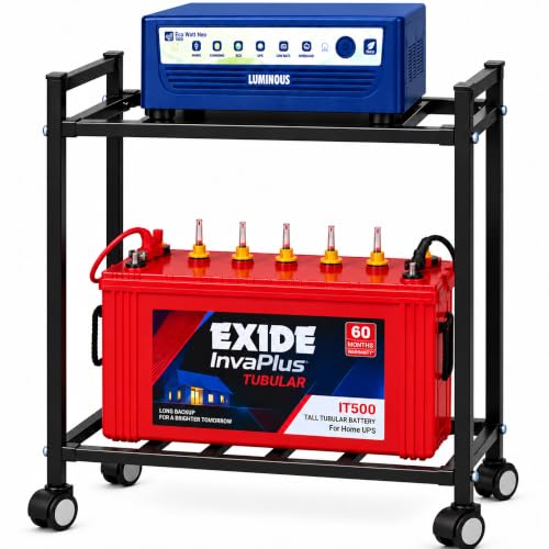 Image of Inverter Trolley for Home - 2 Tier Heavy Duty Inverter Stand with 360 Wheels | Strong Metal Inverter Trolley | Inverter Battery Stand for Home | Fits Single Battery | 150 KG Load - Black