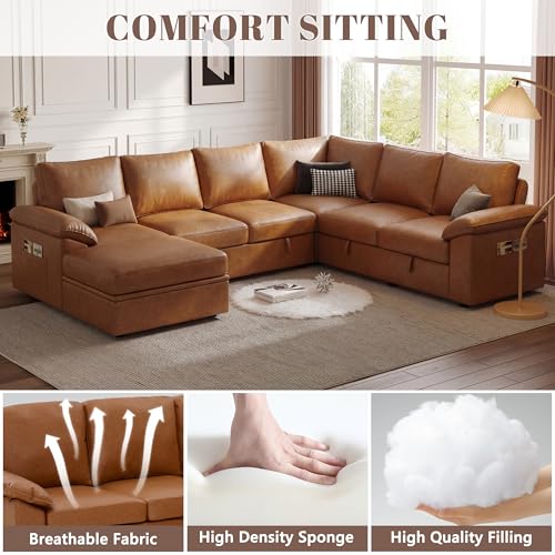 Image of 108 Inch Faux Leather Modular Sectional Sofa with Pull Out Bed,U Shaped 7 Seat Sectional Sleeper Sofa with Storage,Sectional Couches for Living Room,Cloud Modular Couch,Brown Leather