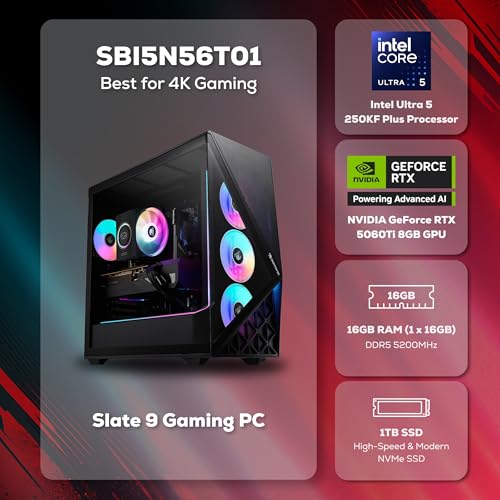 Image of iBUYPOWER Slate Gaming PC Desktop Computer Intel Core Ultra 5 250KF Plus CPU, NVIDIA RTX 5060Ti 8GB GPU, 16GB DDR5 RGB 5200MHz RAM, 1TB NVMe SSD, Windows 11 Home, Gamer Keyboard and Mouse - SBI5N56T01