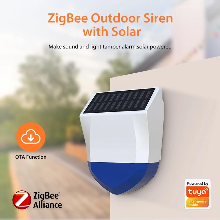 Haozee Alarme Solaire d'extérieur alimentée par l'énergie Solaire et Recharge Via USB, hub Tuya Zigbee requis, Prise en Charge de l'assistant Domestique Zigbee2mqtt, étanche IPX5