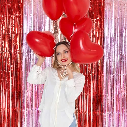 Image of TONIFUL Valentine's Day Door Streamers,Red Pink and Rose Gold Photo Booth Backdrop Metallic Streamers Foil Fringe Curtain for Birthday Valentine's Day Bridal Shower Engagement Party Decoration