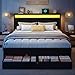 HISOFT Queen Bed Frame with Storage, Wood Headboard with Fast Charging Station, LED Lights, Platform Bed Frame Queen Size, Fabric Drawers with Wheels, No Box Spring Needed, Noise Free, Classic Black