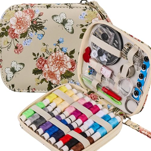 Kit de costura con patrón de rosas con estampado de mariposas, suministros profesionales en estuche con cremallera para emergencias, hogar, viajes, accesorio portátil