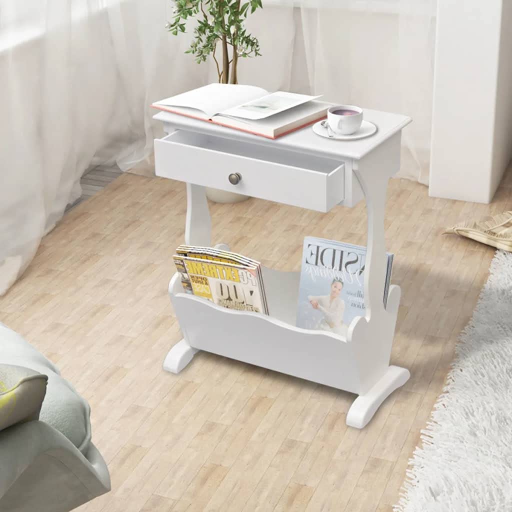vidaXL Table d'appoint avec porte-revues en bois blanc - Table basse de rangement pour canapé de salon