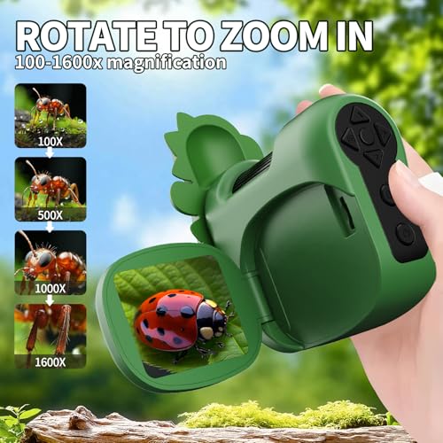 Image of 1600X Handheld Microscope for Kids 2 inch IPS Screen Kit Mini Pocket Digital Microscopes STEM Science with Slides Photo Video Rechargeable Portable Scope Gift for Ages 6-12 (Green)