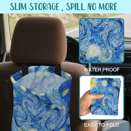 Image of Car Garbage Bag Starry Night Hanging Canvas Car Trash Bag Waterproof Drawstring Car Back Seat Organizer for Car Back Front Seat Console with Adjustable Buckle