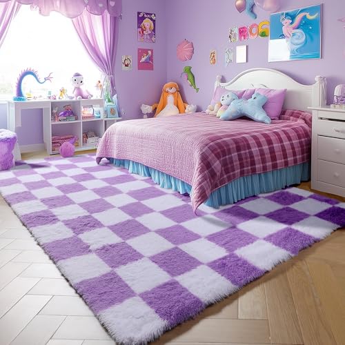 Image of KICMOR Purple Rugs for Living Room Bedroom, Fluffy Soft Checkered 5x8 Area Rug Fuzzy Shag Shaggy Carpet, Indoor Furry Plush Floor Rugs for Kids Girls Boys Baby Teen Dorm Nursery Home Decor Aesthetic