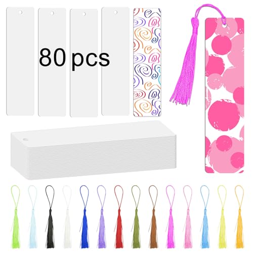 GEKIXUTP 80 Pcs Sublimation Bookmark Blank Heat Transfer Aluminum Metal Bookmarks Bulk DIY Bookmarks with Hole and Colorful Tassels for Crafts Personalized Tassels Blank Bookmarks White