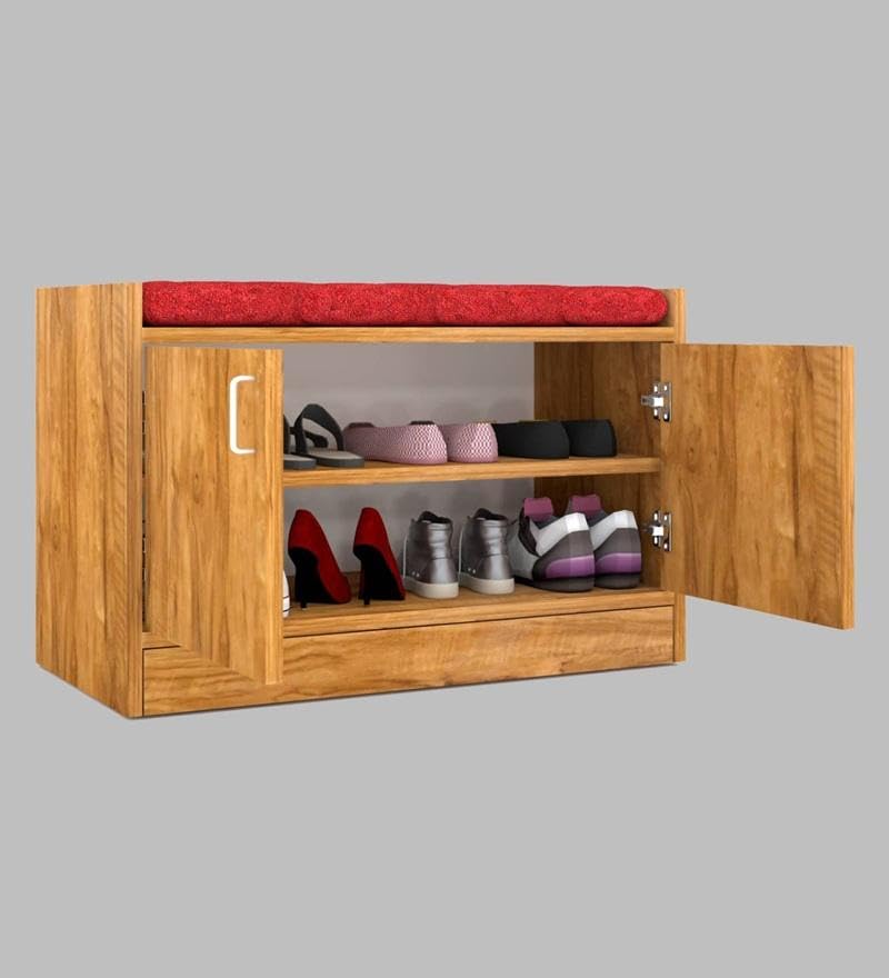 Image of SPECIALITY PANELS Wooden Shoe Cabinet with Cushion Seating Bench Shoe Rack with Doors Spacious Storage Shelves Entryway Shoe Organizer Cabinet for Home Living Room Bedroom Hallway | DIY Assembly