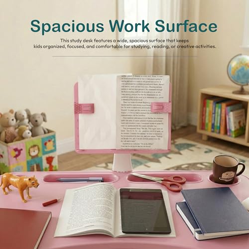 Image of StarAndDaisy Study Table for Kids 5-12 Years Boys & Girls, Adjustable Height Study Table & Chair Set for Kids /Baby, Children with Book Holder & Storage & LED Light, Wide Deck - Pink