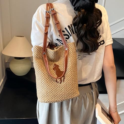 Bolso grande de playa de paja tejido para mujer miniatura 3