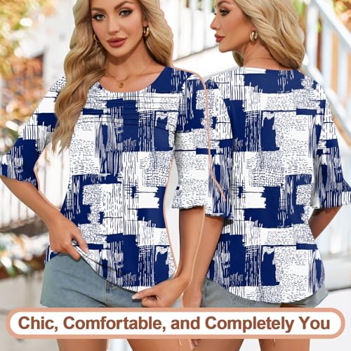 Blingfit 3/4 Length Sleeve Womens Tops Dressy Casual Shirts Ruffle Bell Sleeve Front Pleated Fasion Trendy Summer Blouses3