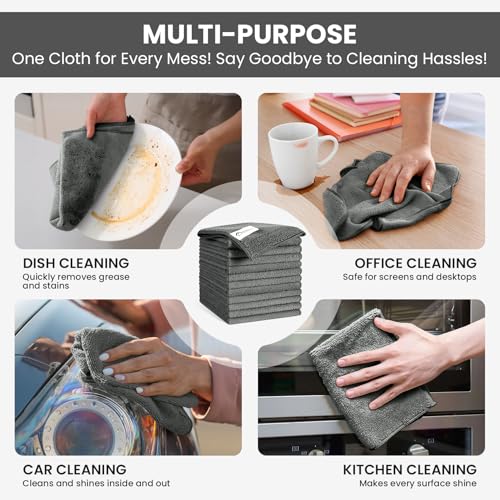 Image of SIFANGKE Microfiber Cleaning Cloth, 12 Pack Grey Cleaning Rags for Housekeeping, Reusable Microfiber Towels for Car, Kitchen, Bathroom and Household Cleaning Supplies, 11.8 inchX11.8 inch