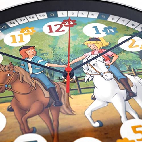 K&L Wall Art Lautlose Kinder Wanduhr für Mädchen und Jungen langlebige Lernuhr Pferde Martinshof Bibi&Tina Kinderuhr Lesehilfe im Kinderzimmer (30cm Bibi & Tina)