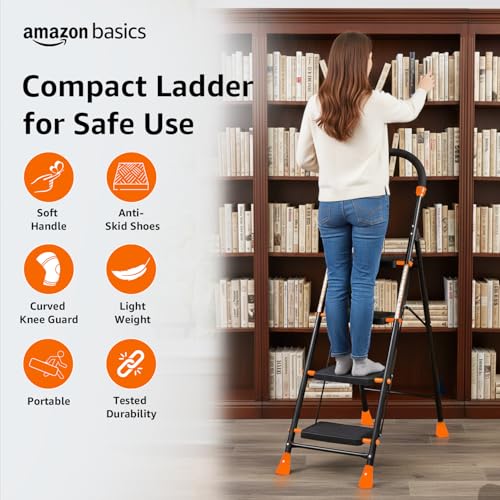 Image of Amazon Basics Curvo-Foldable Step Ladder, Ribbed Steps, Knee Guard, Non-Marring PVC Shoes, 4 Steps (Black & Orange)