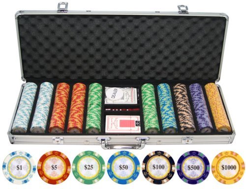 Poker Chip Set - Casino Grade 13.5g Poker Chips, 7 Color Chip Denomination - 2 Decks of Cards, Dice, Dealer Button 13.5g Clay Monte Carlo Poker Chips Set