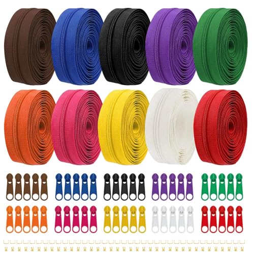 Eulihent 30M 10 Color Zips for Sewing 2.6 mm Zippers Nylon Endless Zip Set with Slider for DIY Sewing Tailor Craft Supplies