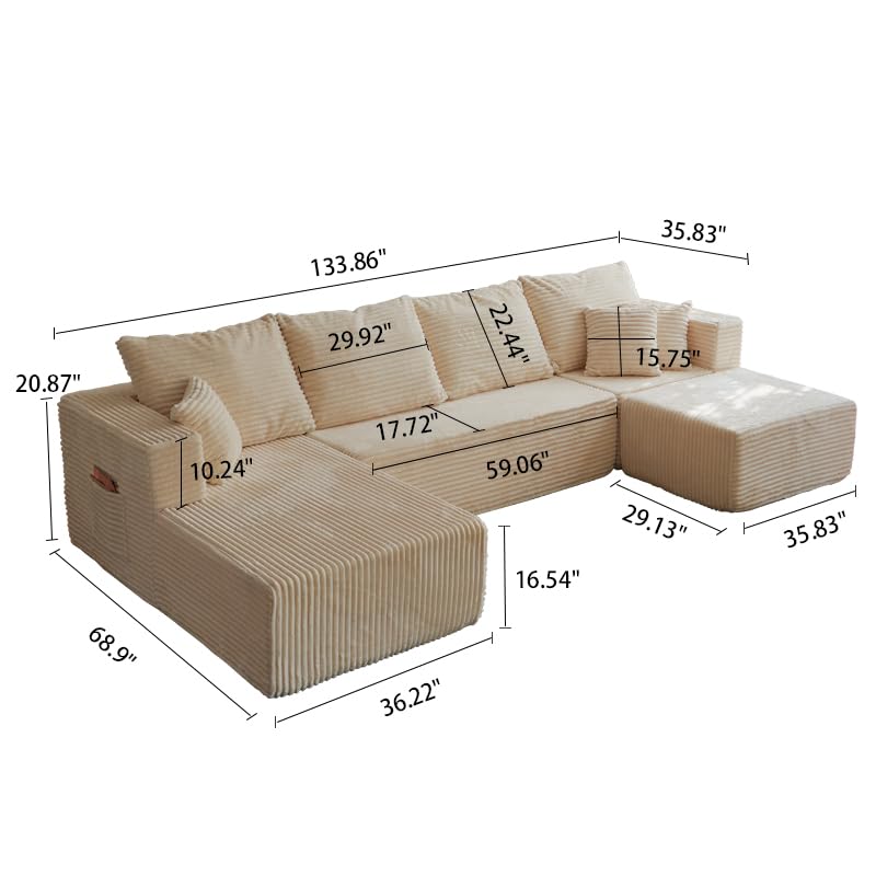 Image of 133 inch Modular Sectional Sleeper Sofa, Modern Cloud Sectional Sofa Couch with Ottoman and Storage, U Shape Boneless Couches for Living Room, Free Combination, No Assembly Required,Beige