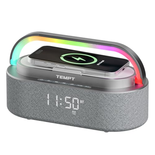 Image of TEMPT Privee Fusion 4-in-1 Bluetooth Speaker, Charger, Clock & Stand, Grey | 16W Sound Output, 15W Wireless Charging, 12 RGB Light Modes, Dual Subwoofers, 7 Hour Playtime, Bright Digital Screen Displays