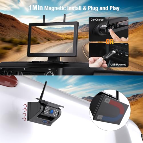 Image of 4 Magnetic Solar Wireless Backup Cameras 1080P 9 inchTouchscreen with DVR,328FT | 15,000mAh Rechargeable Battery,1-Min Install No Wiring,Clear Night Vision,Long Life,Loop Recording,for Truck Trailer SUV RV