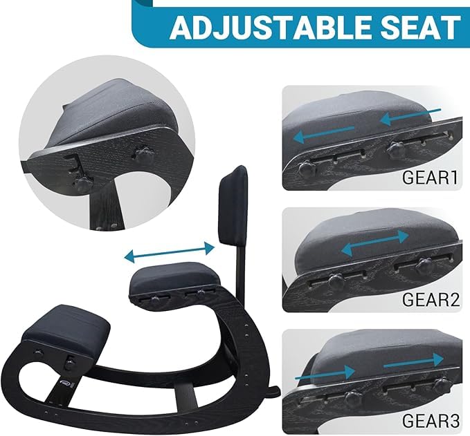 Image of Ergonomic Kneeling Chair with Back Support, Adjustable Height Wooden Knee Chair - Improve Posture with an Angled Seat, with Cushion for Home,Office (Black)