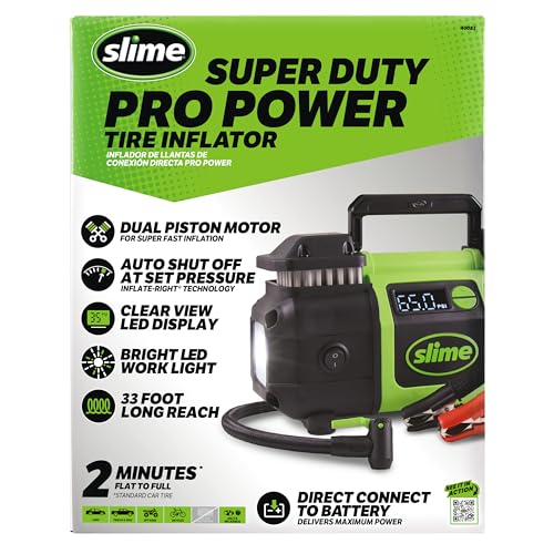 Image of Slime 40083 Tire Inflator, Super Duty Pro Power, Battery Connection, Dual Piston, with Digital 0-99 psi Gauge, Long Hose and LED Light, Alligator Clips, 2 min Inflation