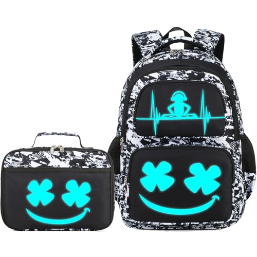 AUIVTY Boys Backpack with Lunch Box Glow in Dark Kids Ages 4-12 Kindergarten Elementary Middle School Teens Bookbag Mochilas Para Nios Luminous Face Black White