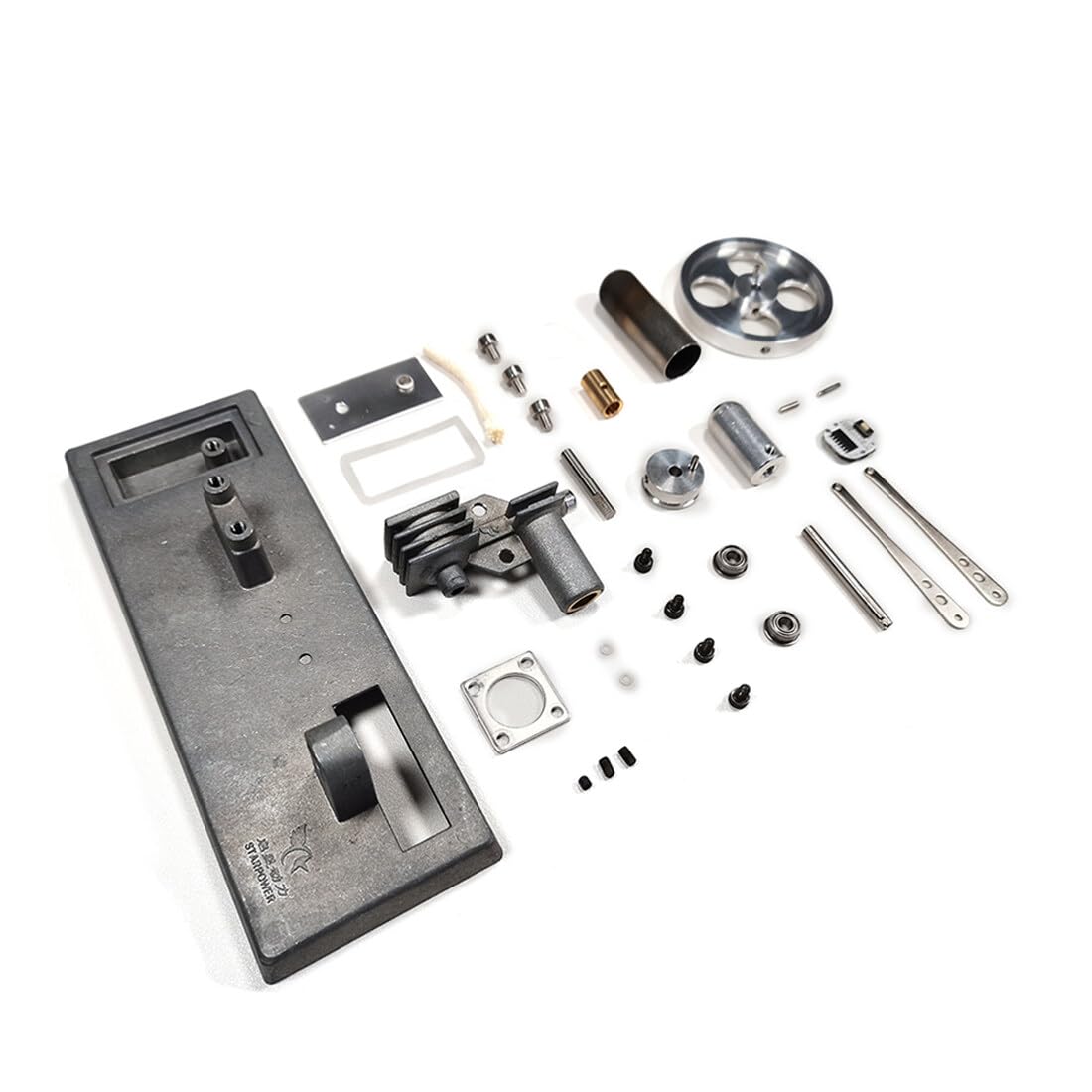 Kit motore Stirling con volano luminoso, 12 × 6 × 6 cm | Il volano luminoso completa il meccanismo autoassemblato con un effetto luminoso visibile.