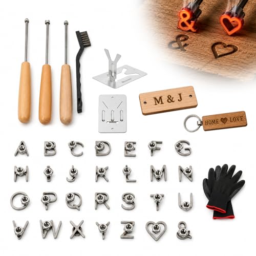 LZLUCKCOME 35 Pcs Mini Metal Branding Iron Kit with Heat Resistant Gloves & 3 Handles 1/2 Inch Alphabet & Symbol Wood Burning Stamps with Stands for Leather Crafting Hats BBQ & DIY Gifts