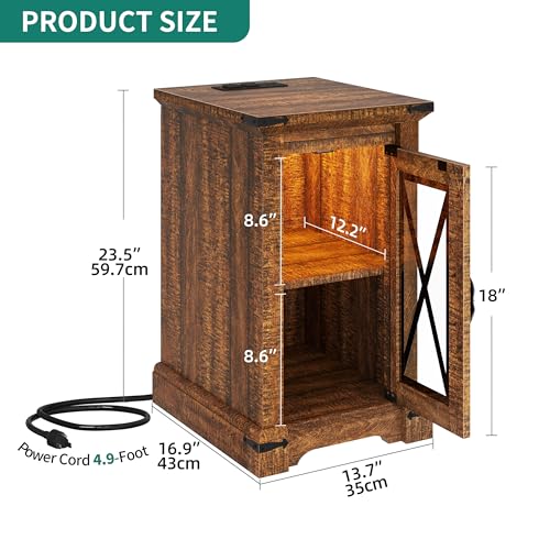 DWVO Farmhouse Nightstand with USB Charging Station & LED Lights, Adjustable Storage Bedside Table for Bedroom/Living Room, Brown