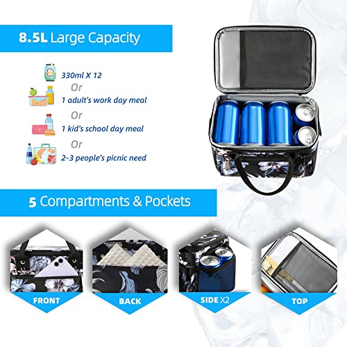 Tomule Insulated Lunch Bag Reusable Floral Cooler Tote Bag, Soft Freezable Lunch Box Holder, Durable Portable Leakproof Thermal Lunch Container For Women Men Kid Office Work School Picnic Travel Beach #TOP3