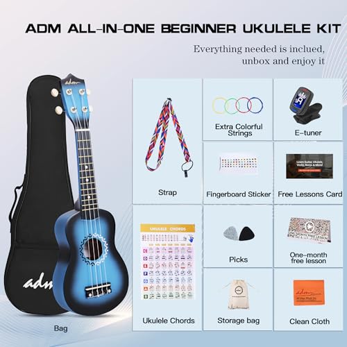 Image of ADM Ukulele for Beginners Hawaiian Wood Ukelele Kit for Kids Adult Student Starter Professional Ukalelee Pack Bundle with Free Lessons Gig Bag Strap Nylon String Tuner (Bluebrust, 21 Inch)
