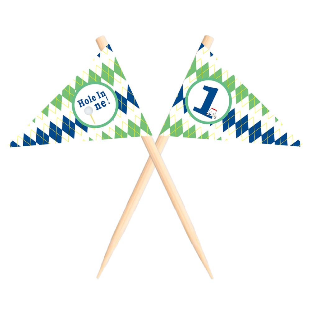 VOWFOO Golf Themed Toothpick Flags, 20 PCS Hole In One 1st Birthday Golf Cocktail Picks Mini Stick Cupcake Toppers Flags for Baby 1st Birthday Party