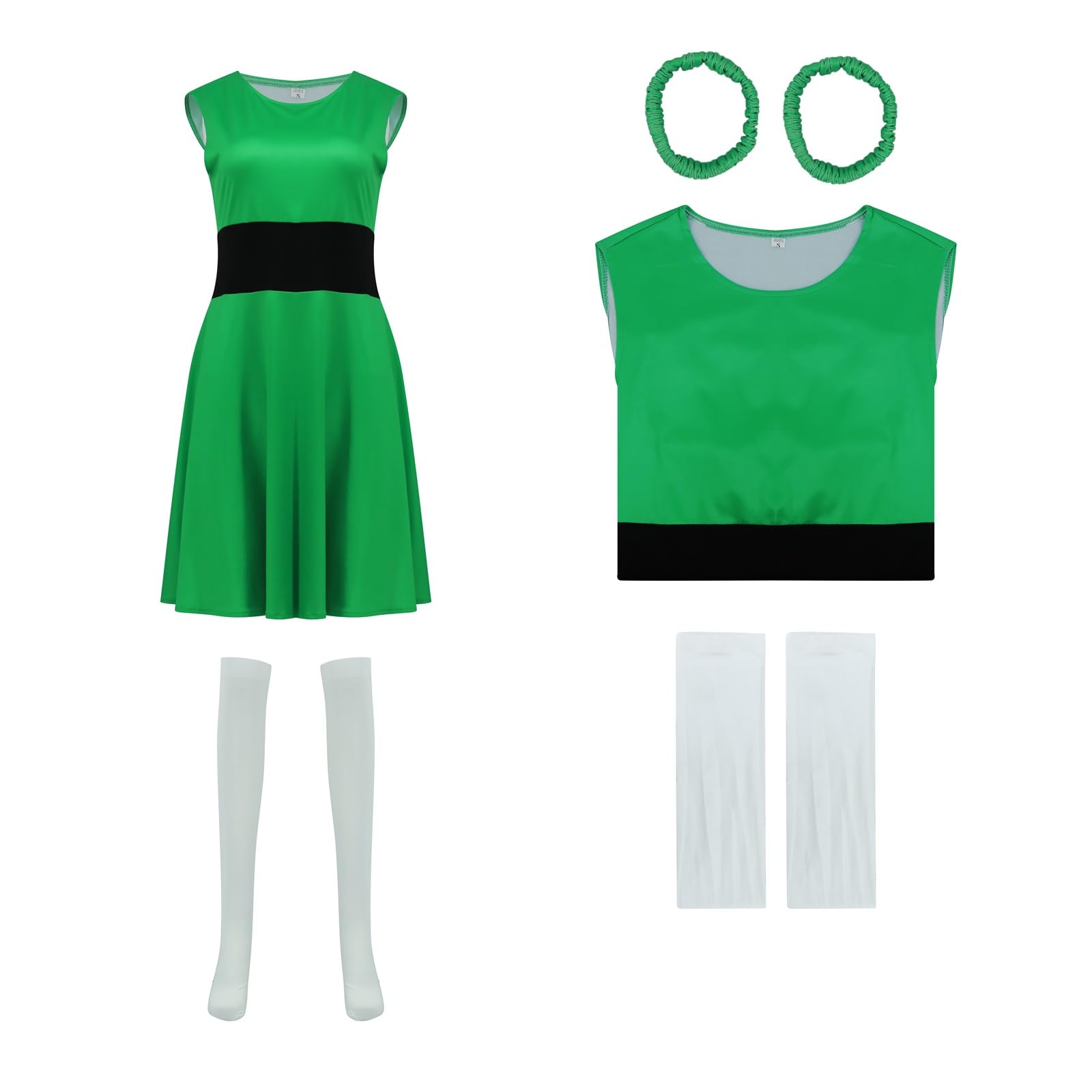 Voslett Women Buttercup Costume Fancy Dress White Tights Headband Carnival Cartoon Character Cosplay Outfit for Adult Green S