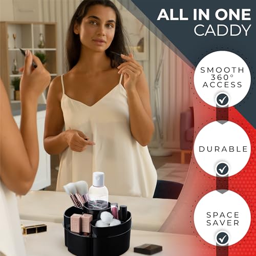 Image of Masirs Small 360 Rotating Makeup Organizer - Mini Yet Spacious Cosmetic Storage Solution with Multiple Compartments - The Perfect Spinning Make-Up Caddy for Vanity or Bathroom Counter (Round - Black)