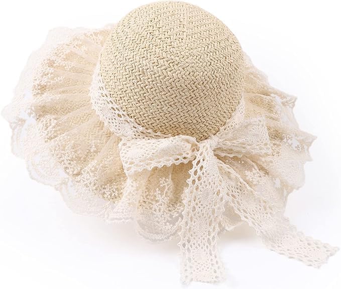 Little Girl Kid Summer Straw Hat Wide Brim Lace Floppy Beach Sun Visor Bowknot Sun Protection Buckets Camping Fishing Hat