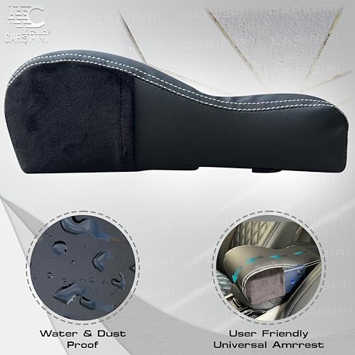 Image of Carigiri Comfirest Armrest Cushion for Car|Orthopedic Foam Arm Cushion|Universal for All Cars|Armrest Support,Height Extender(Double Stitching,Nappa Leather,Dual Mobile Pockets,Black with White Seam)