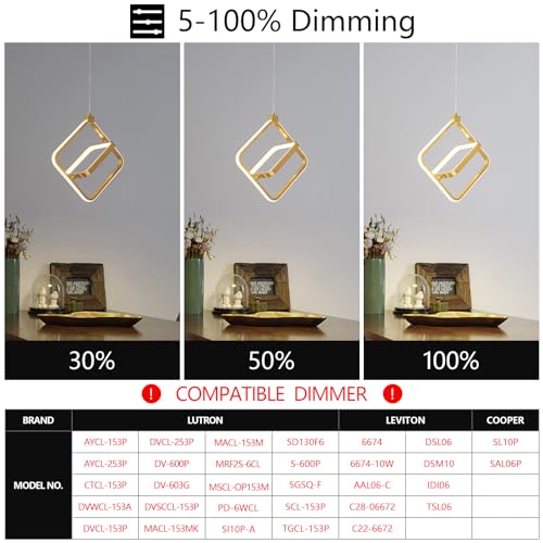 Image of Modern LED Chandelier Gold Rectangular Pendant Light Fixtures 4000K 20W Dimmable Height Adjustable Pendant Lighting for Dining Room Kitchen Island Bedroom Living Room Foyer(2-Pack)