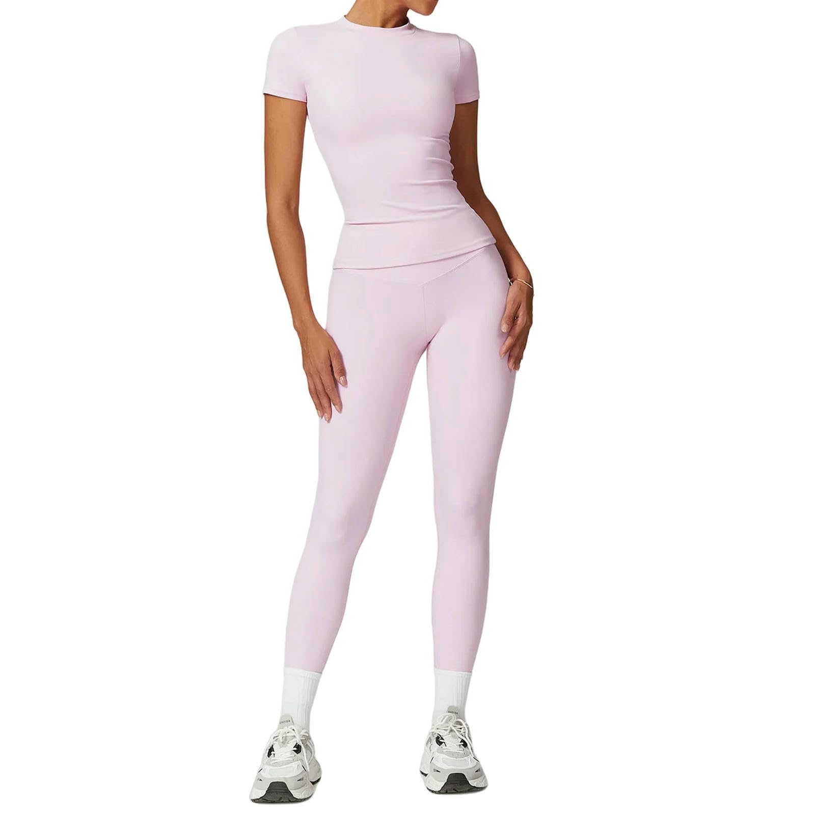 bielizna modelująca joga odzież na siłownię odzież sportowa kostiumy do jogi dla kobiet fitness dresy z krótkim rękawem biustonosz sportowy legginsy na siłownię, Różowy zestaw-3, M