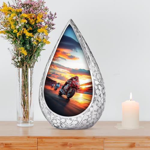 Image of Sunset Motorcycle Urns for Ashes - Combo of 5 with 10 Inch Funeral Cremation Urn for Adult Female, Mother & Men and 3 Inch Mini Biker Keepsake Urns for Human Ashes - Burial Memorial Set